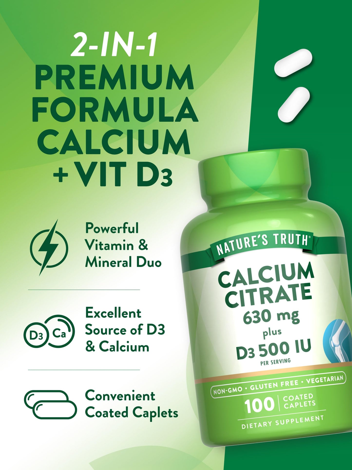 Nature's Truth Calcium Citrate with Vitamin D3 Caplets, 100 Caplets