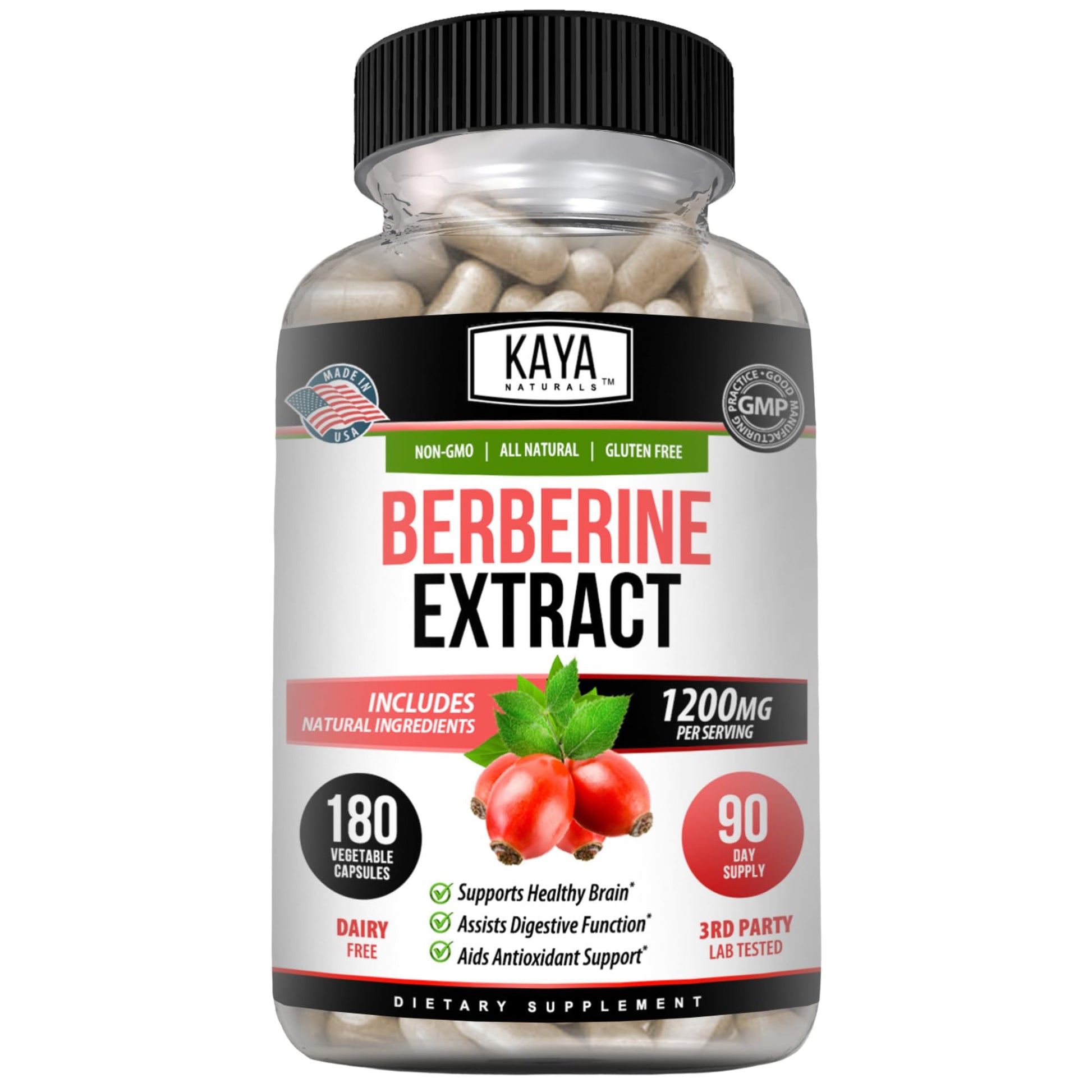 Kaya Naturals Berberine HCL Extract 1200mg Capsule, 180 Count