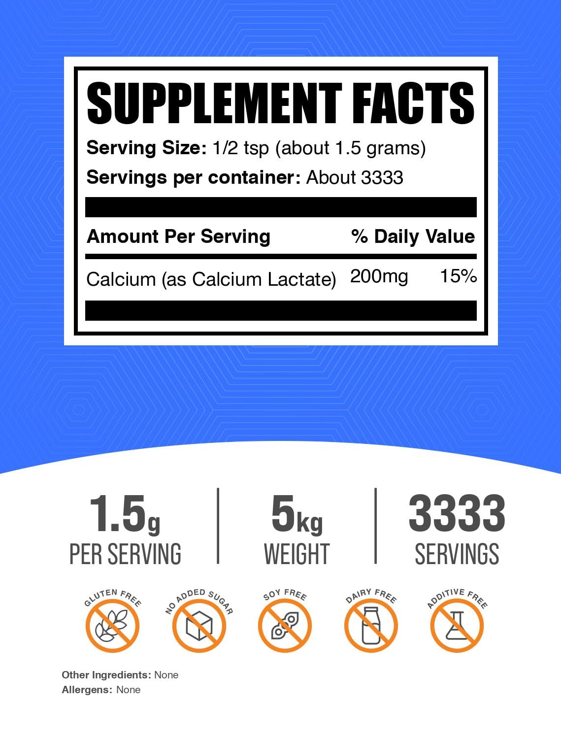 BulkSupplements Calcium Lactate Powder, 1kg (Pack of 5)