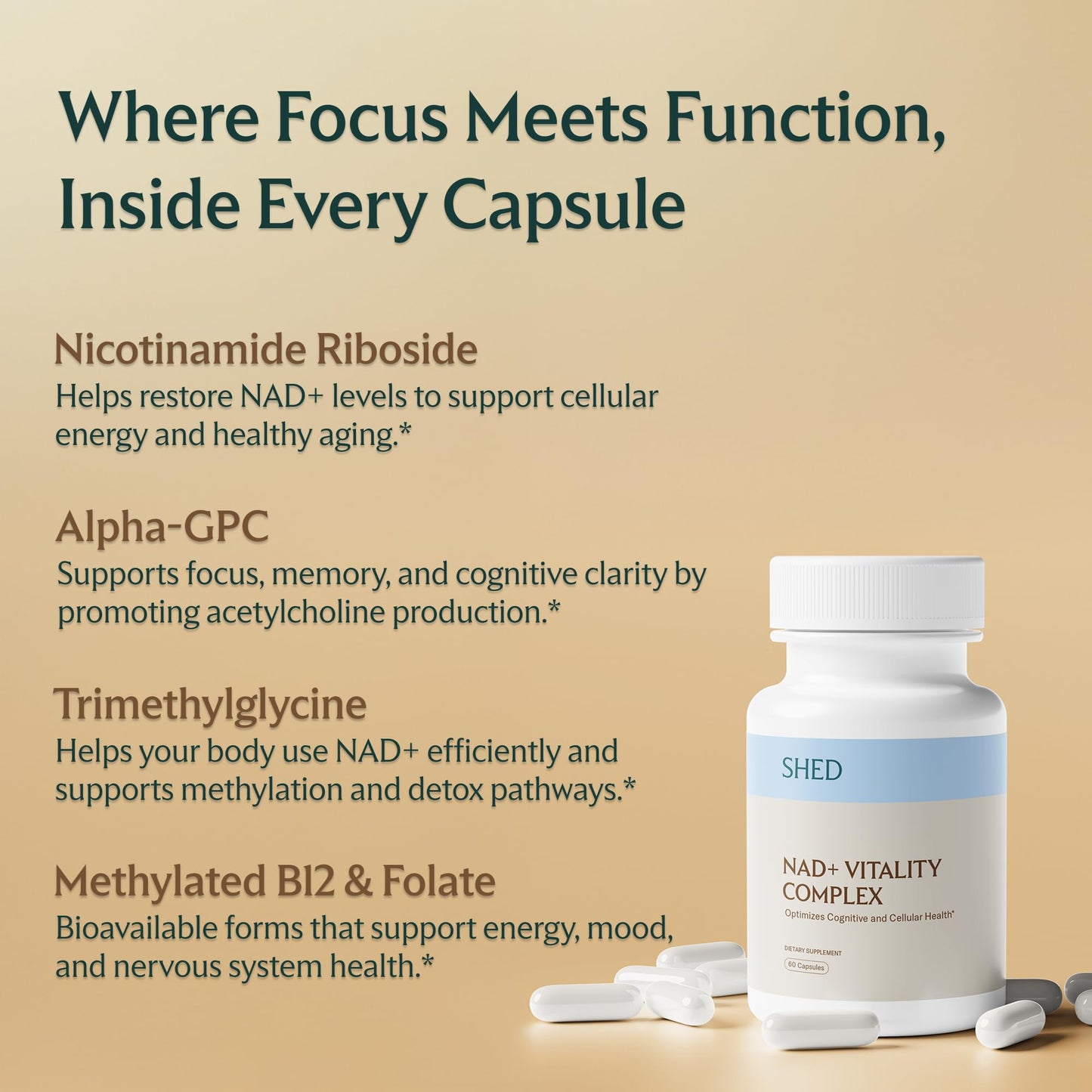 Shed Nutrition NAD+ Supplement Vitality Complex with Nicotinamide Riboside (NR), Alpha-GPC, TMG & Methylated B Vitamins, 1 Capsule