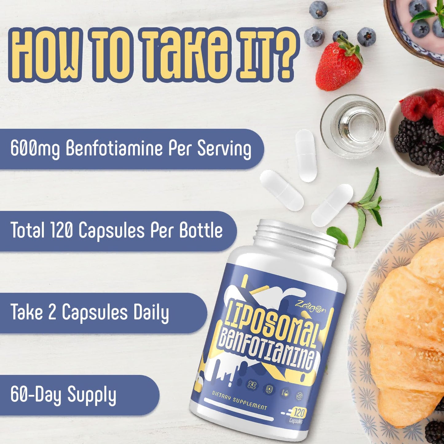 Zaigon Benfotiamine Thiamine Vitamin B1 Supplement Capsules, 240 Count
