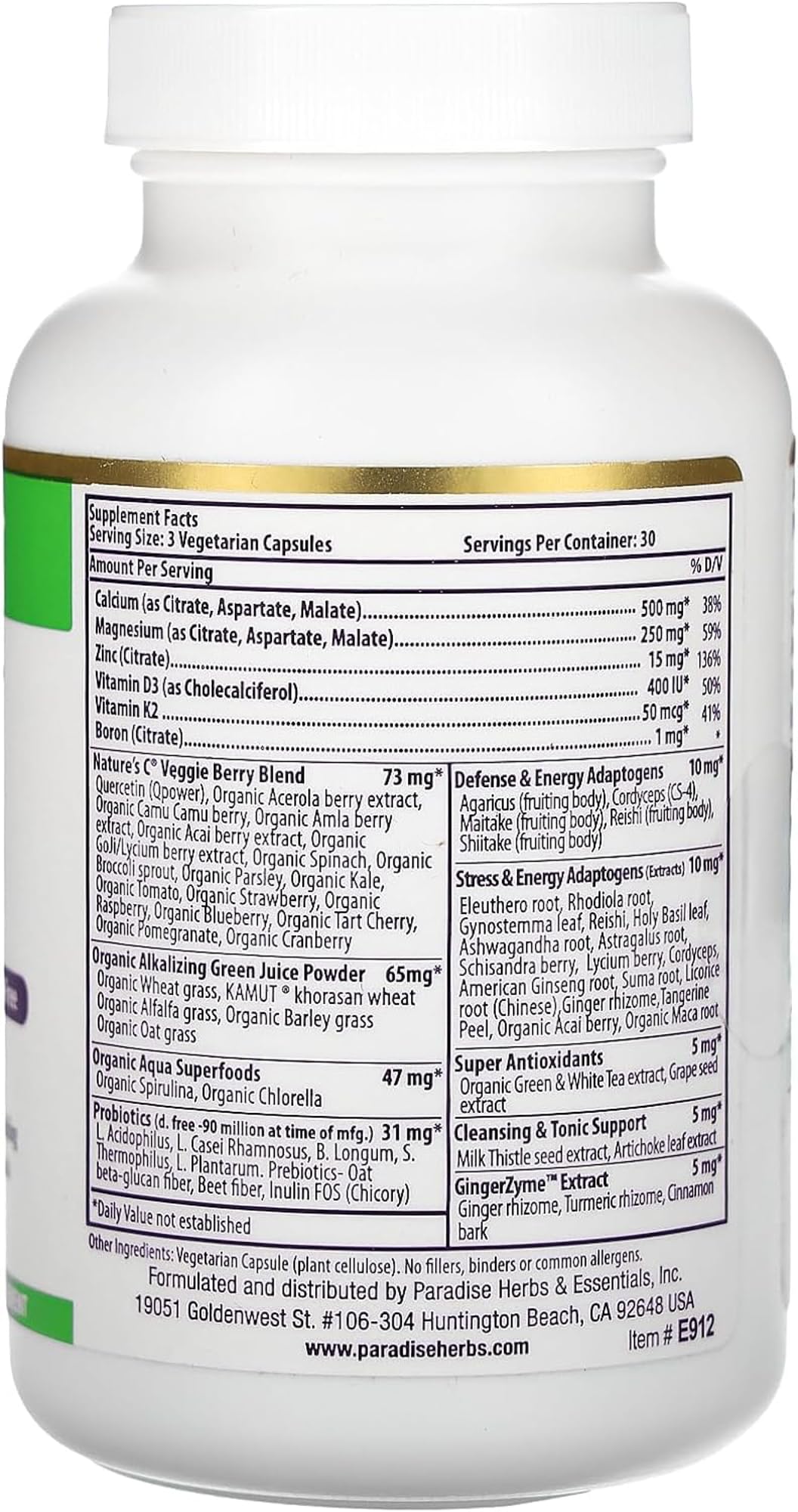 Paradise Herbs Earth's Blend Calcium Magnesium + Zinc, D3, K2 & Boron, Supports Bone Health, Vegan, Non-GMO, Gluten Free, 90 Capsules