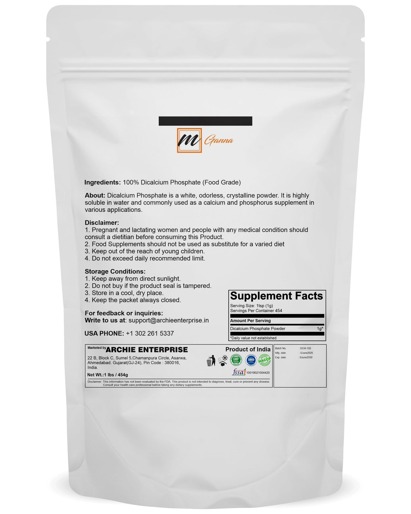 mGanna 100% Dibasic Calcium Phosphate Powder, 16 Ounce