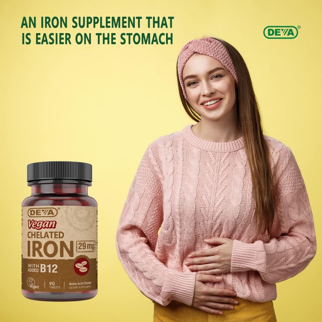 DEVA Vegan Chelated Iron 29 mg Fortified with B-12 - High Potency, Easy to Swallow, 180 Tablets
