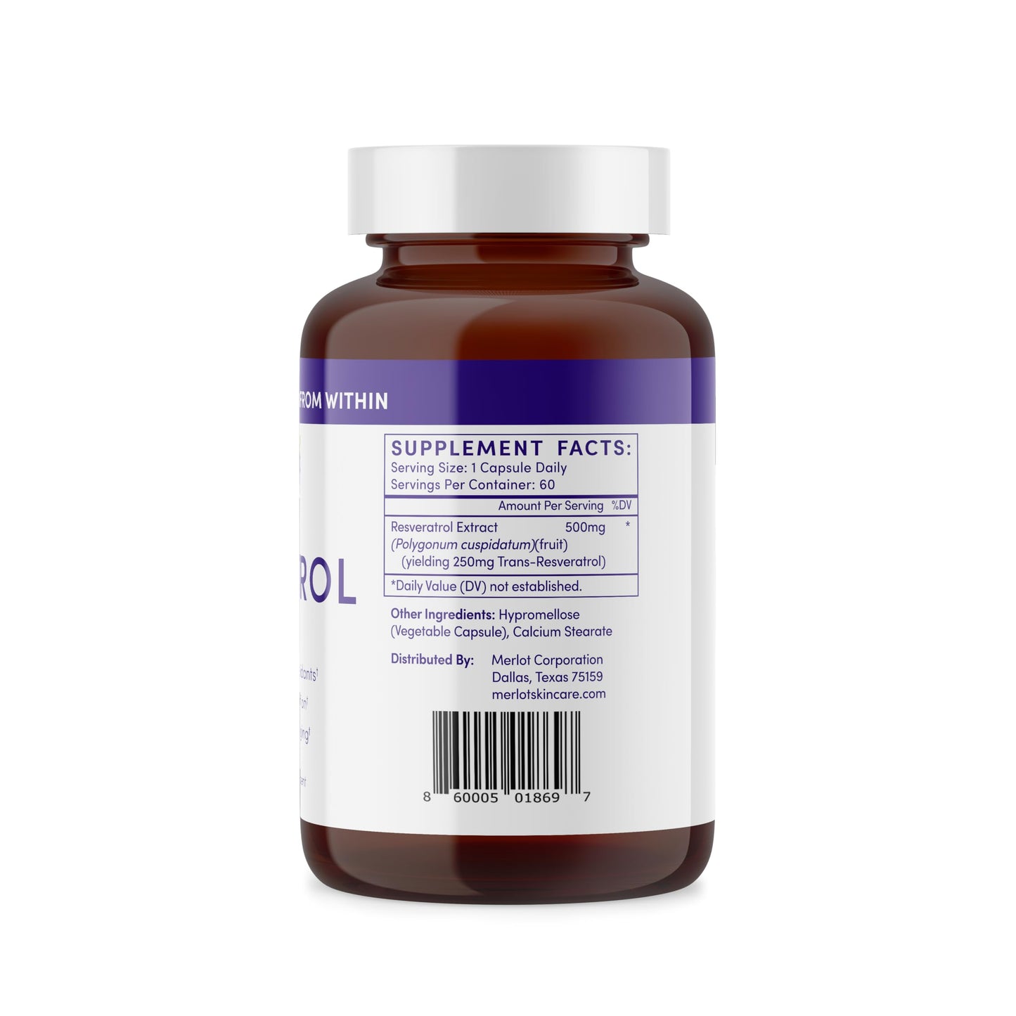 Merlot Resveratrol 500mg Capsule, 60 Count, Non-GMO, Gluten Free, Made in USA