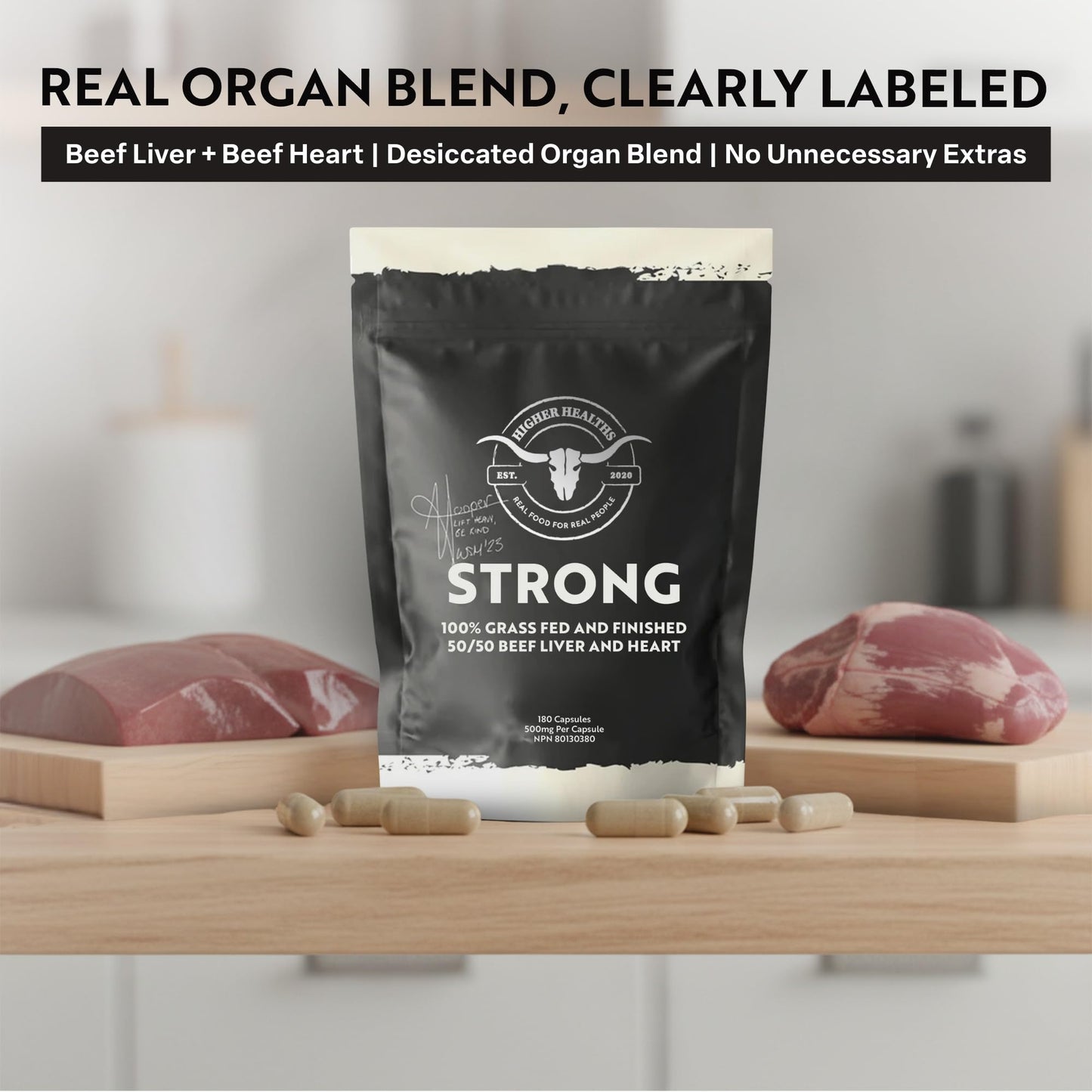 Higher Healths Grass-Fed Beef Liver & Heart Capsules, 180 Count