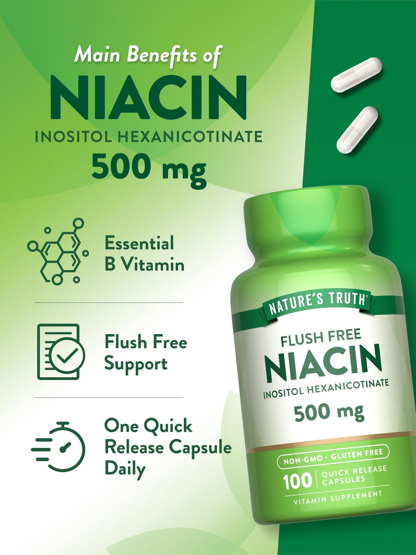 Nature's Truth Flush Free Niacin 500mg Capsules, 100 Count