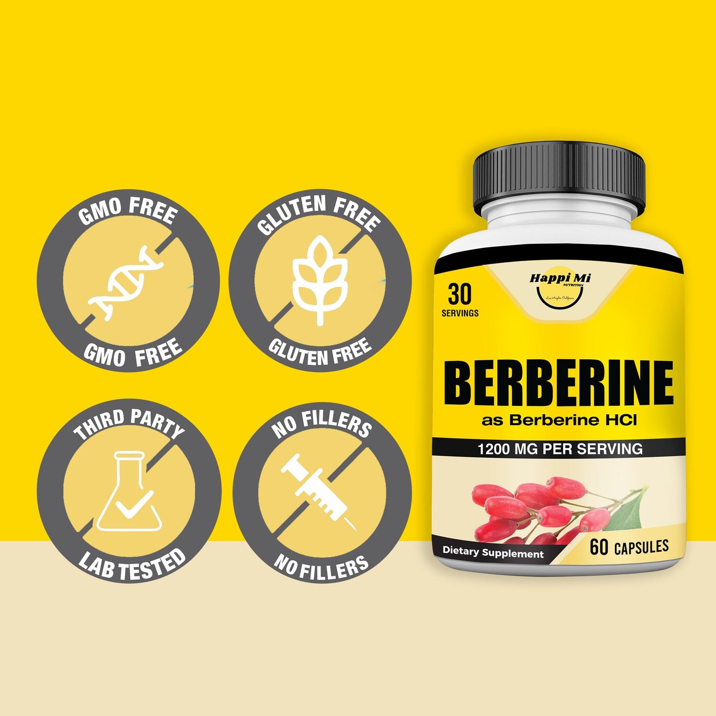 Happi Mi Nutrition Berberine 1200mg HCL Capsule, 60 Count