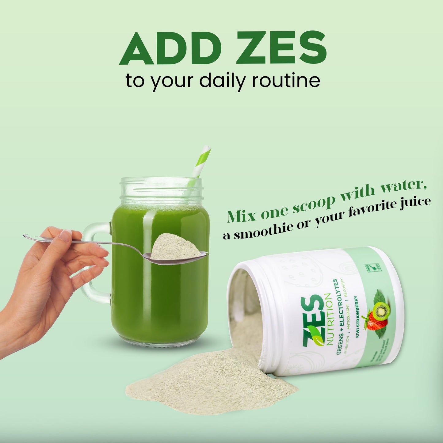 ZES Nutrition Greens + Electrolytes Powder, Kiwi Strawberry Flavor, 6.59 Ounce