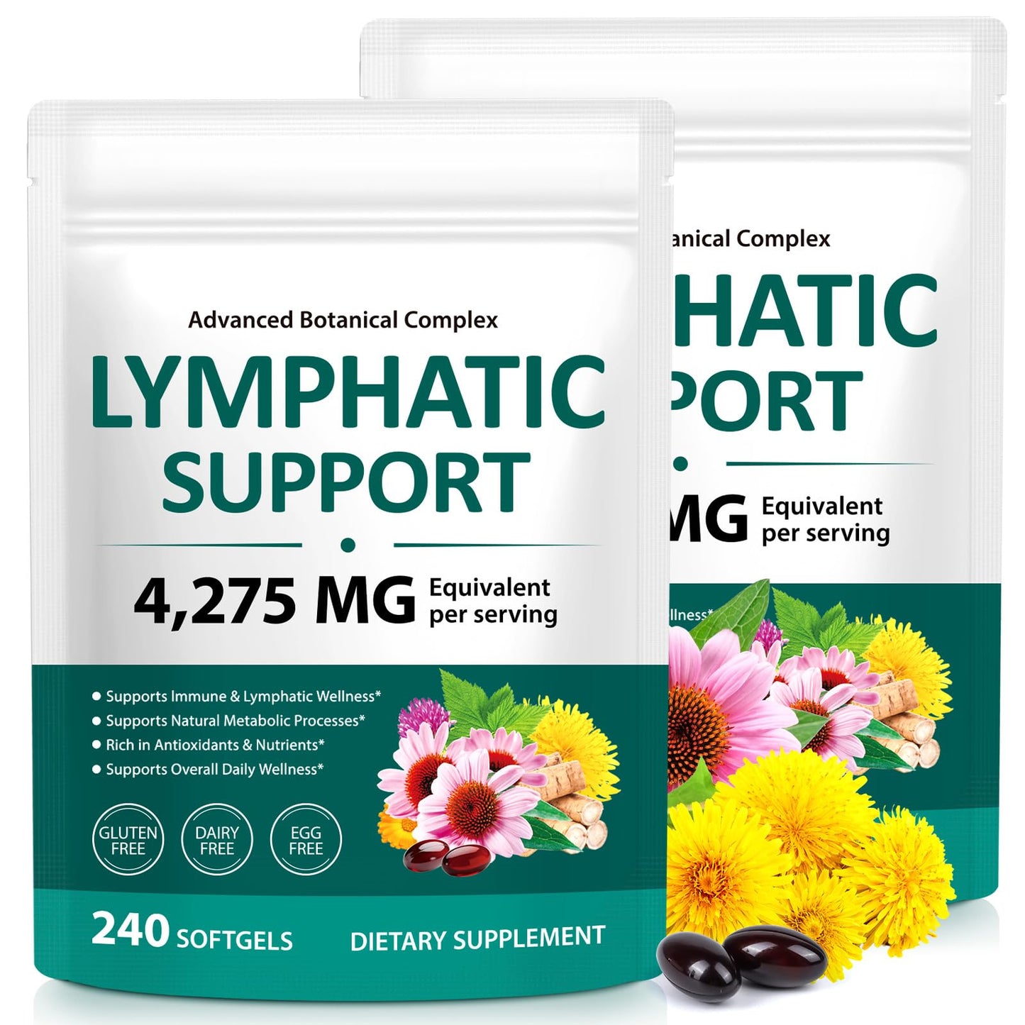 MAYPJHEH Herbal Lymphatic Drainage Supplement - 4275mg Cleanse with Echinacea, Dandelion, Burdock Root, Supports Healthy Circulation, Fluid Balance & Overall Wellness Capsule, 480 Count