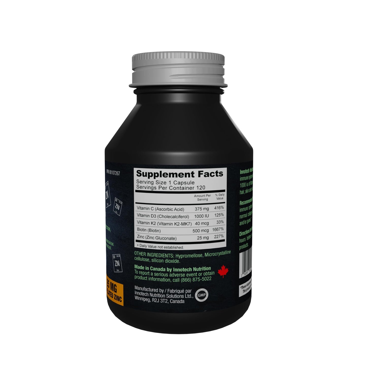 Innotech Nutrition Solutions Zinc Plus Immune Hair Skin & Nails Support Chelated Zinc Vitamin D3 & Biotin Capsules 120