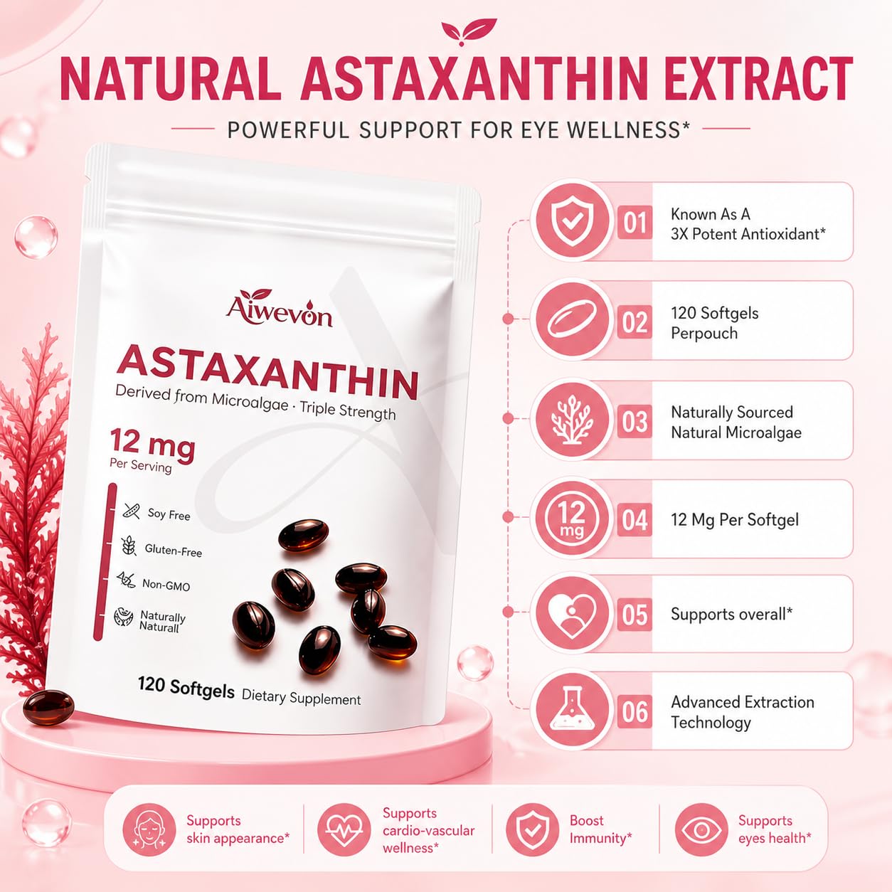 Aiwevon High Potency Astaxanthin 12mg Softgels 120