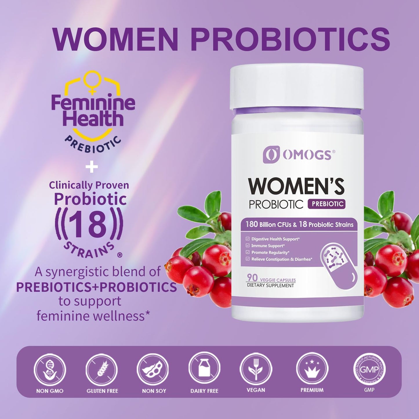 OMOGS Women's Probiotic 180 Billion CFUs 18 Strains with Organic Prebiotics, Cranberry Extract, D-Mannose & Digestive Enzymes, 90 Capsules