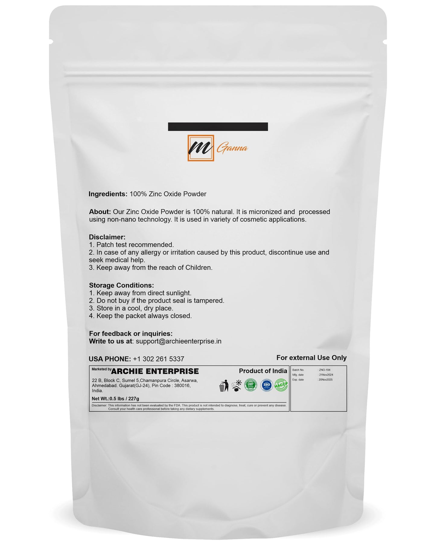 mGanna Zinc Oxide Powder 8.01 Ounce