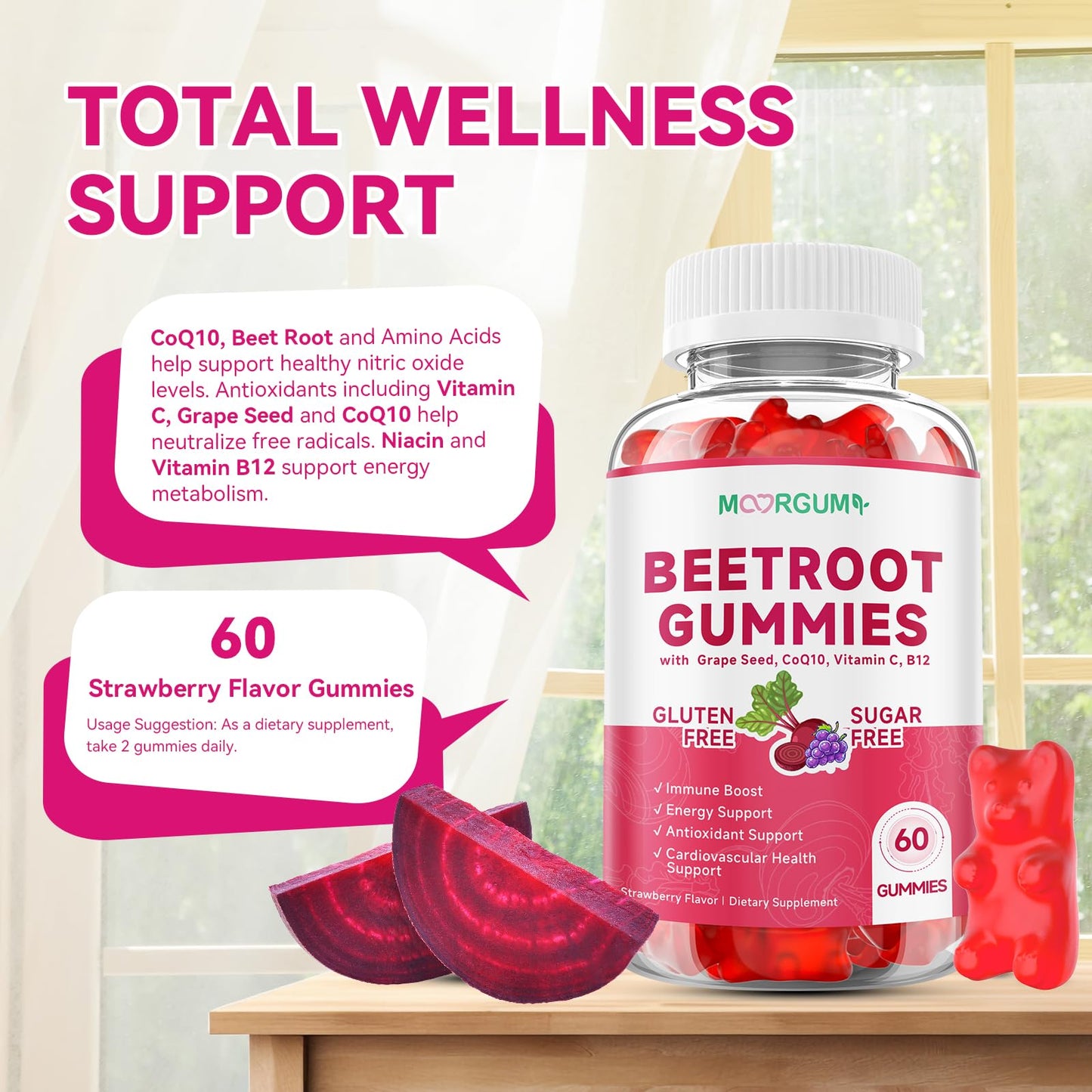 MOORGUMY Beetroot Gummies with Grape Seed, Niacin, CoQ10, Vitamin C, B12, L-Citrulline & L-Arginine, Antioxidant Support, Sugar-Free Beet Root Supplement for Women & Men, 60 Gummies