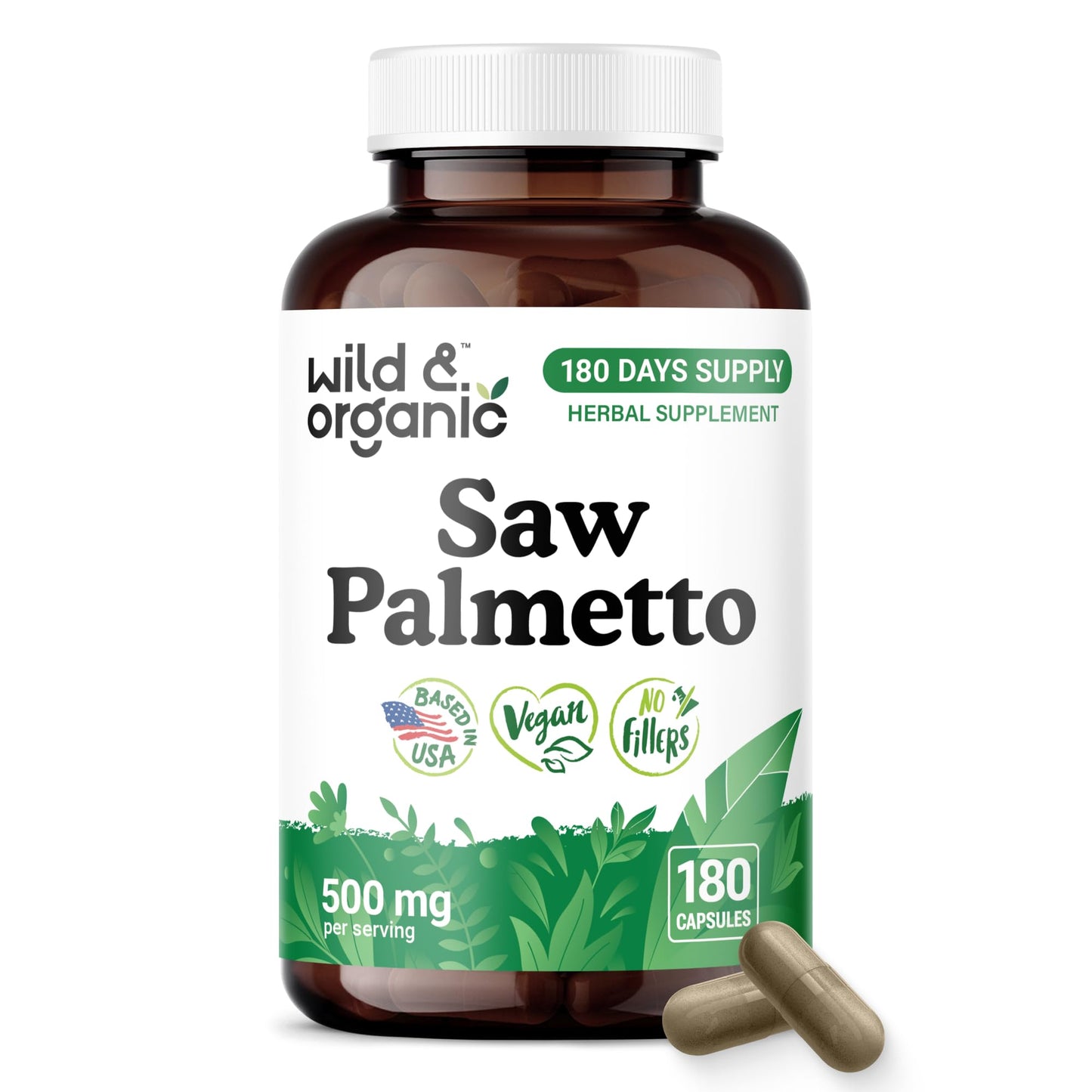 Wild & Organic Saw Palmetto 500 mg Capsules, 180 Count