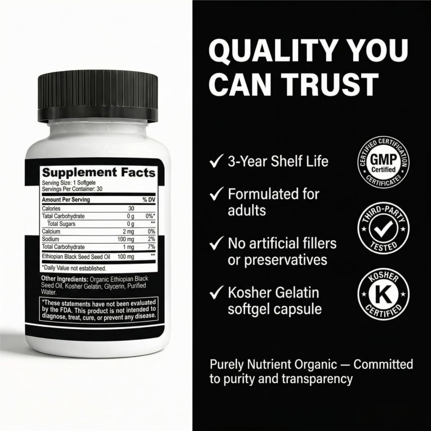 Purely Nutrient Organic Ethiopian Black Seed Oil Capsules, 60 Count