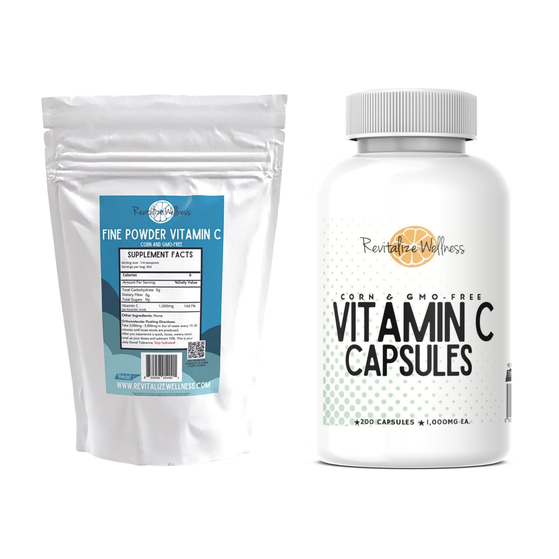 Revitalize Wellness Vitamin C Bundle, Fine Powder Vitamin C and Vitamin C Capsules, 200 Capsules