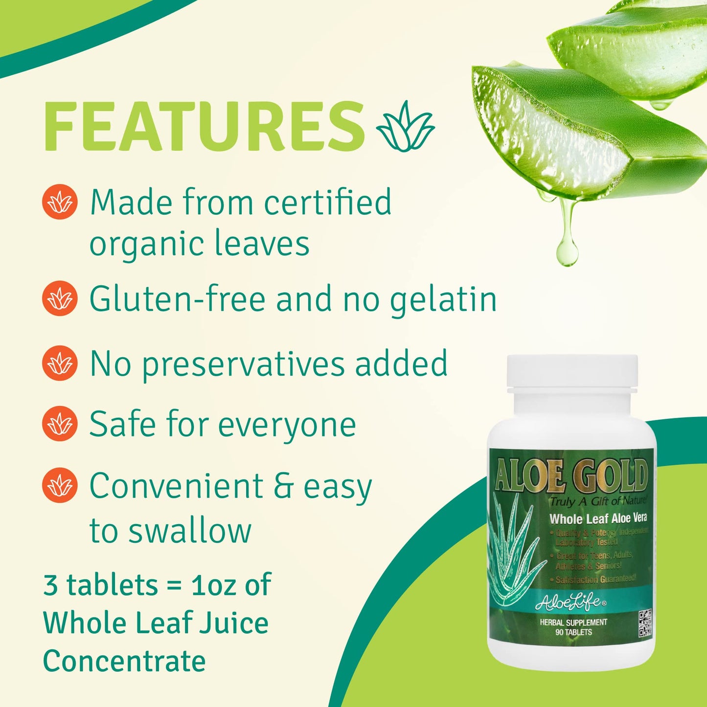 Aloe Life Aloe Gold Immune System Support and Healthy Herbal Bitter for Natural Digestive Aid, Energy and Body Wellness, Certified Organically Grown Whole Leaf Aloe Vera 90 Tablets