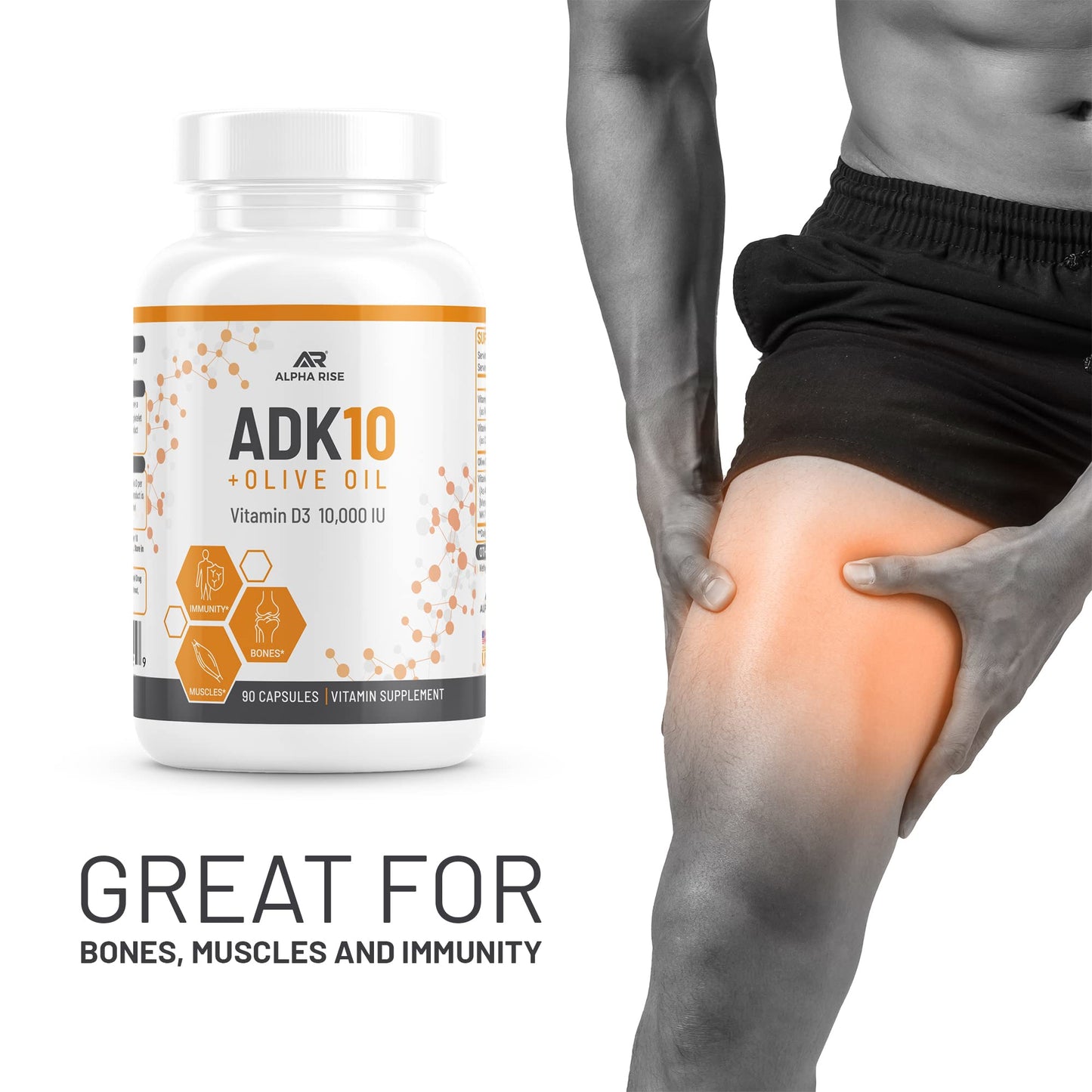 ALPHA RISE ADK 10 Vitamin Supplement + Olive Oil for Better Absorption Capsules 90 Count