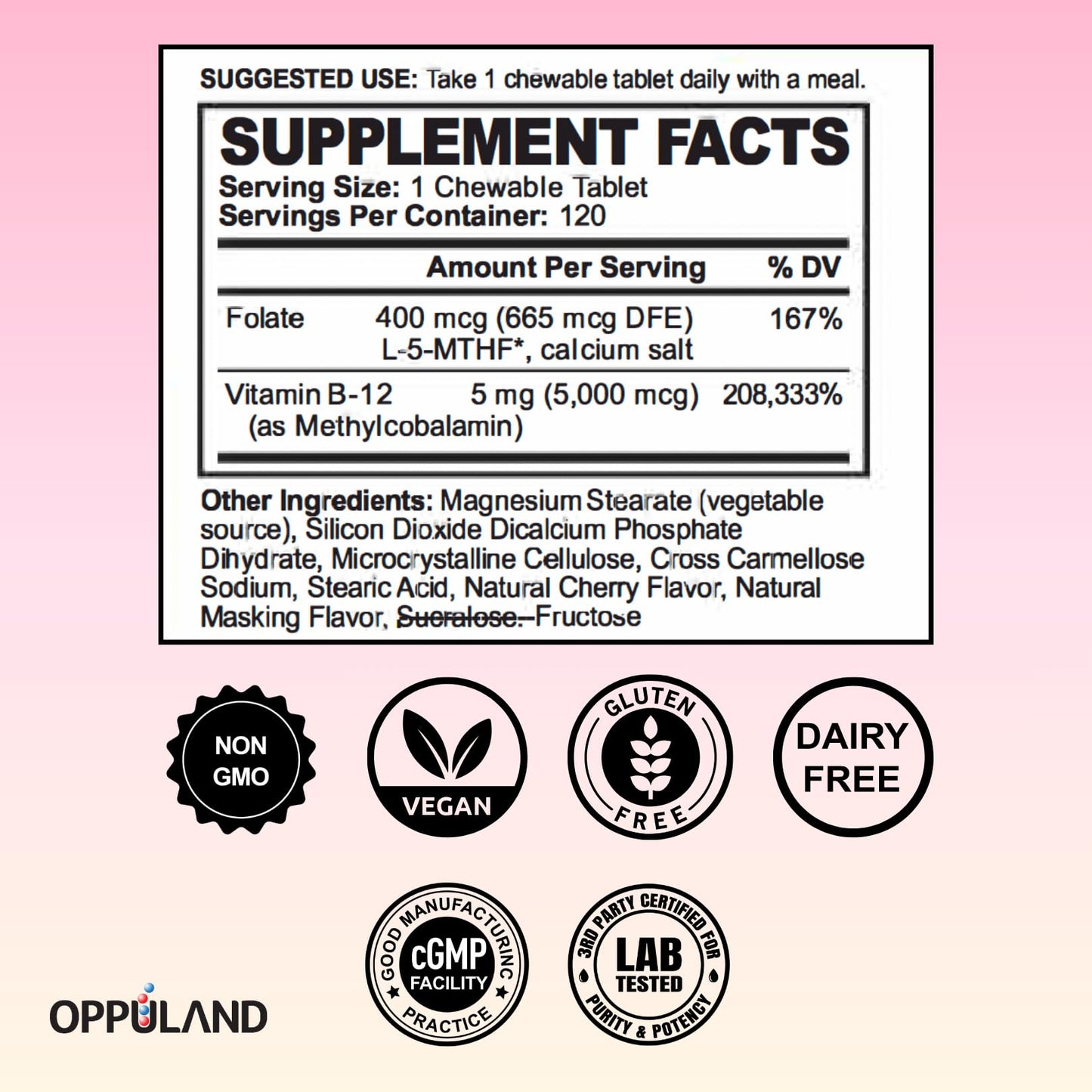 oppuland Methyl B-12 5000mcg Chewable with Folate - Vitamin B12 Methylcobalamin Tablets, 120 Count
