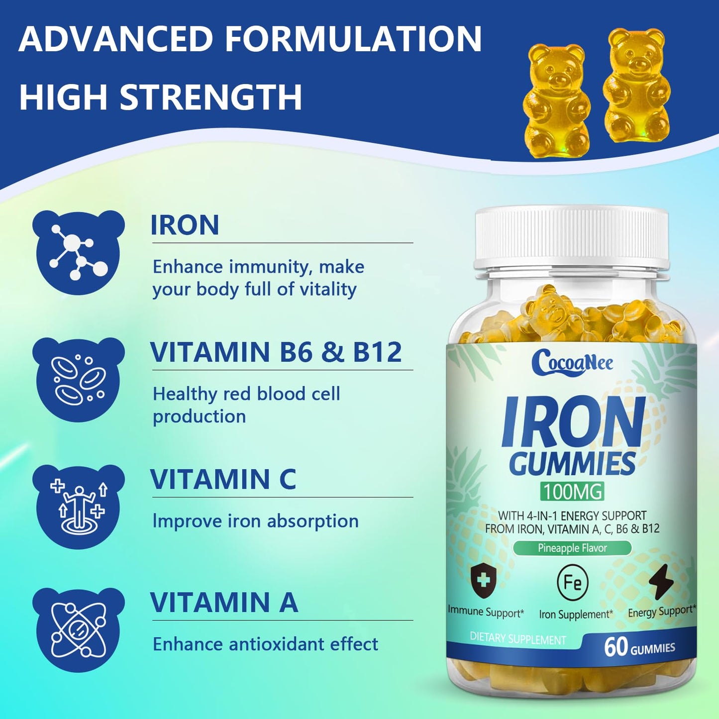CocoaNee Iron Supplements Gummies 60 Count