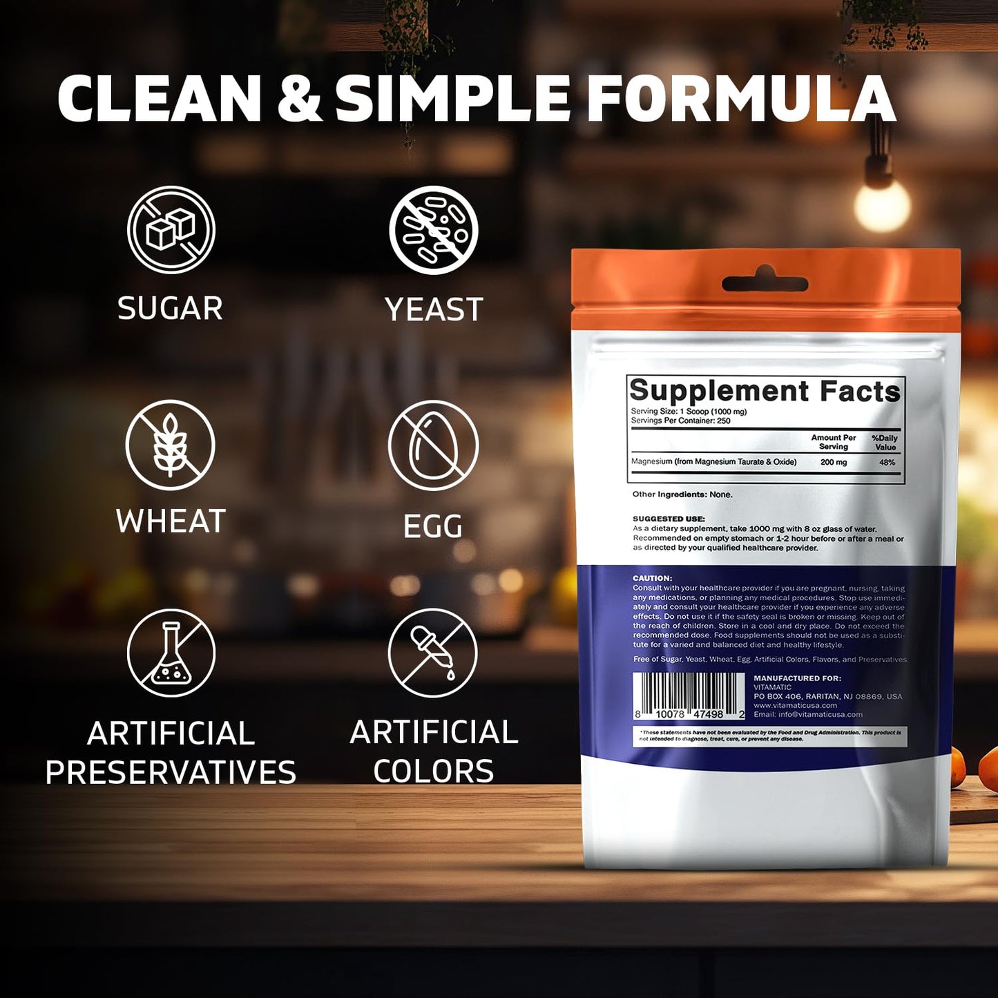 Vitamatic Magnesium Taurate 1000mg Powder 8.8 oz 250 Servings