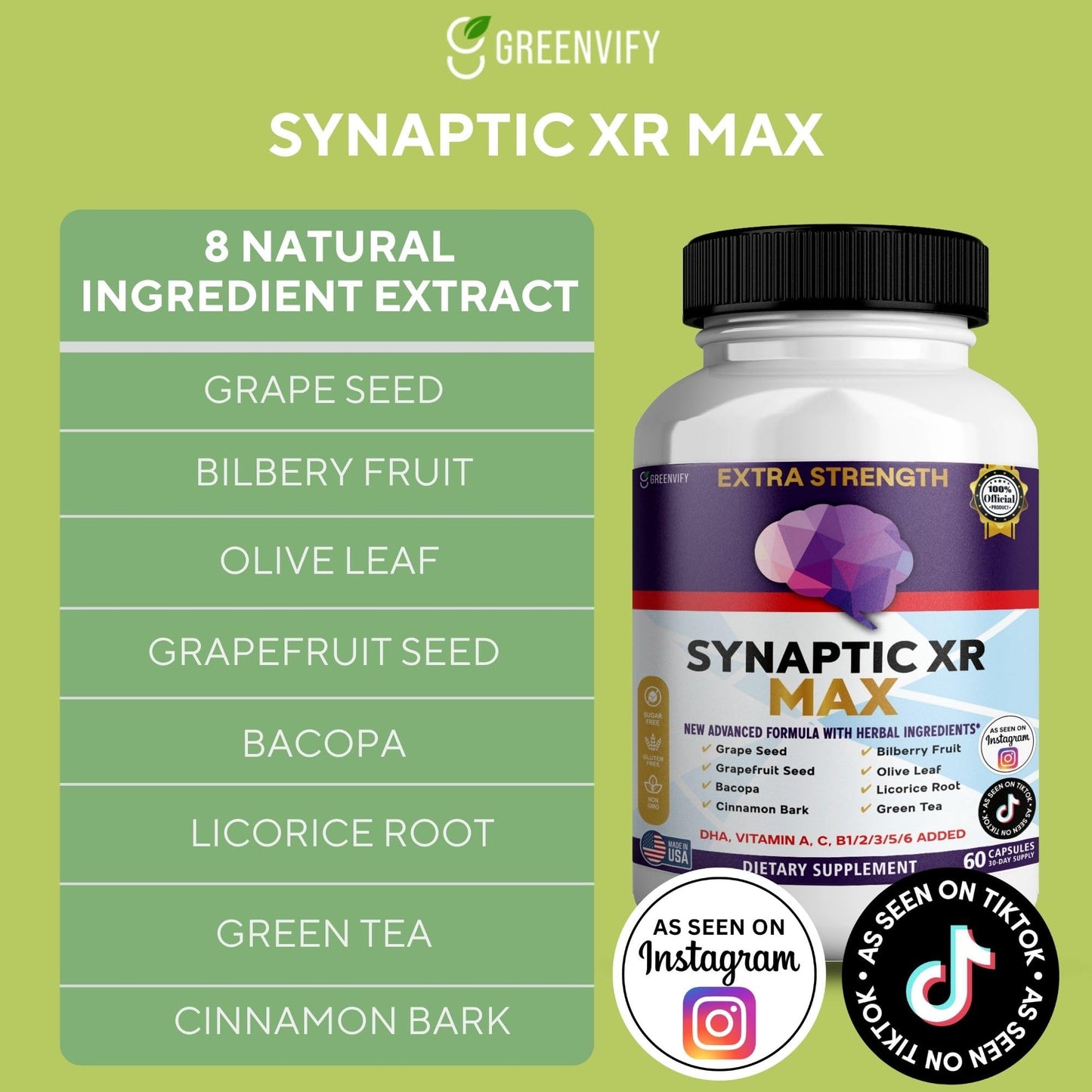 GREENVIFY Synaptic XR Max Extra Strength Brain Support Supplement with Herbal Ingredients, DHA Vitamins, Nootropic Formula, 60 Capsules