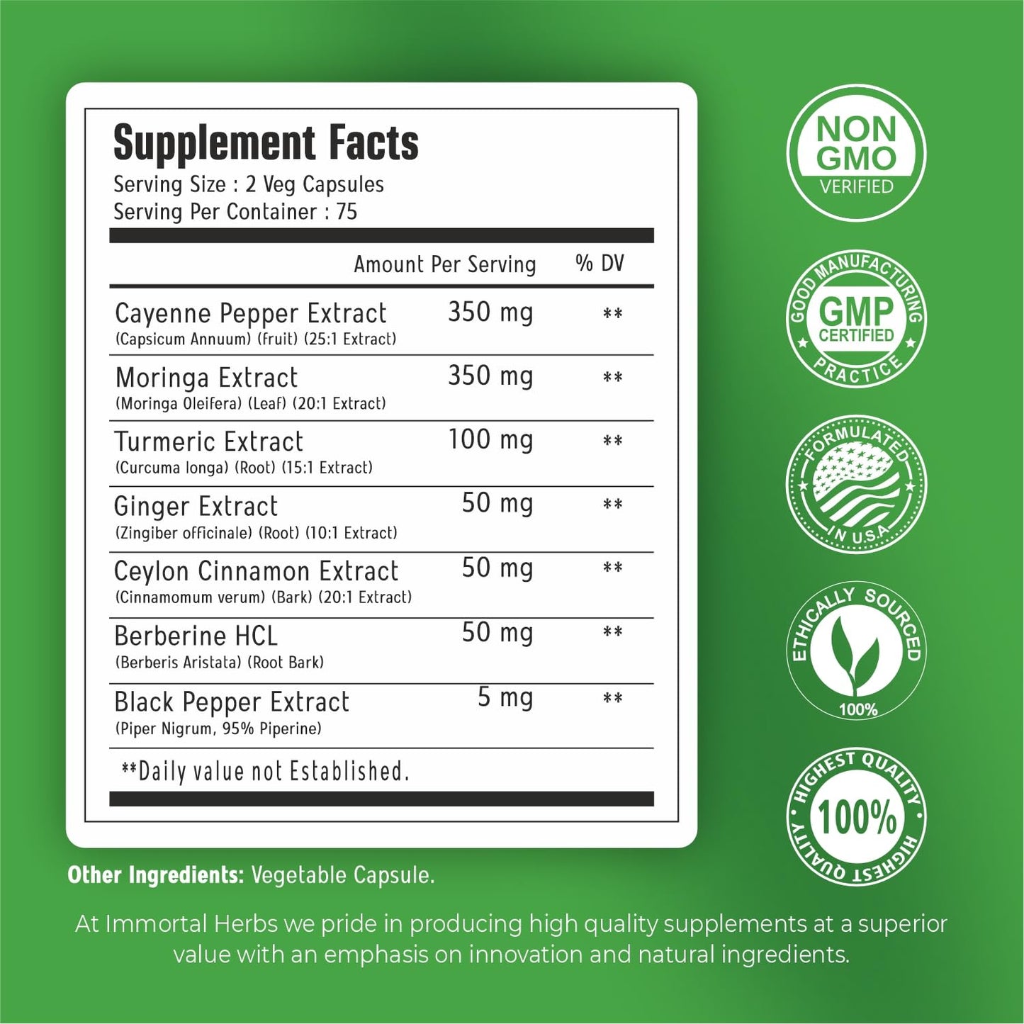 Immortal Herbs Cayenne Pepper Moringa Turmeric Ginger Capsules, 150 Count