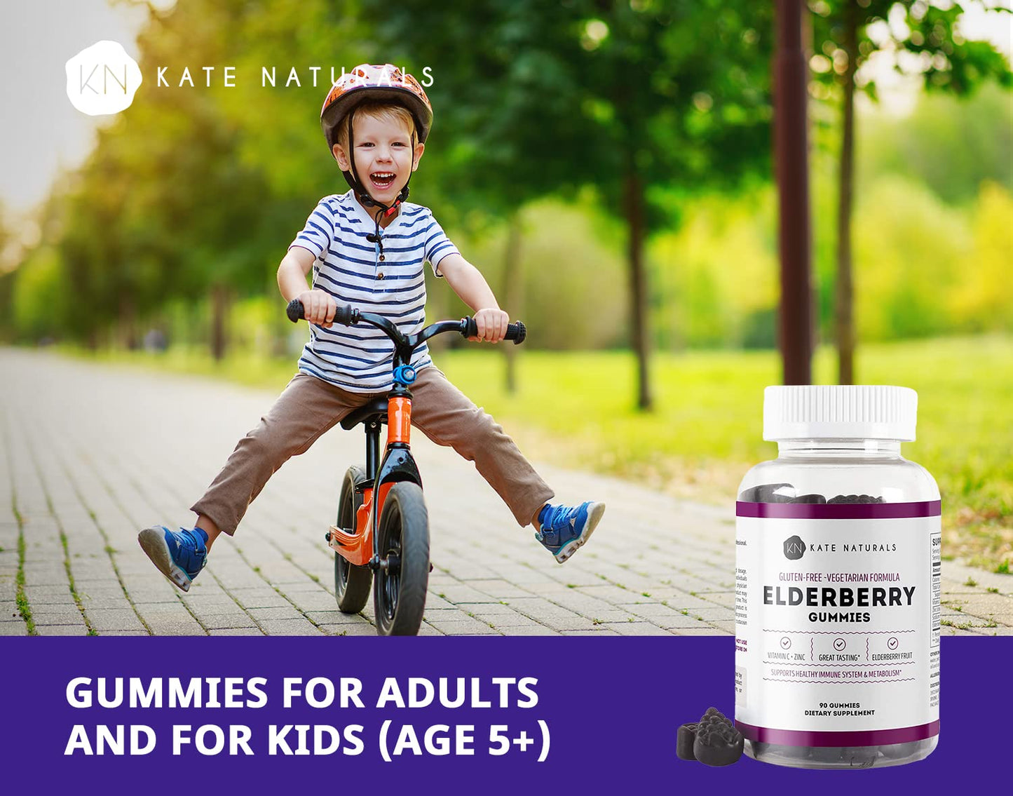 Kate Naturals Elderberry Gummies with Vitamin C and Zinc for Adults & Kids, 90 Gummies