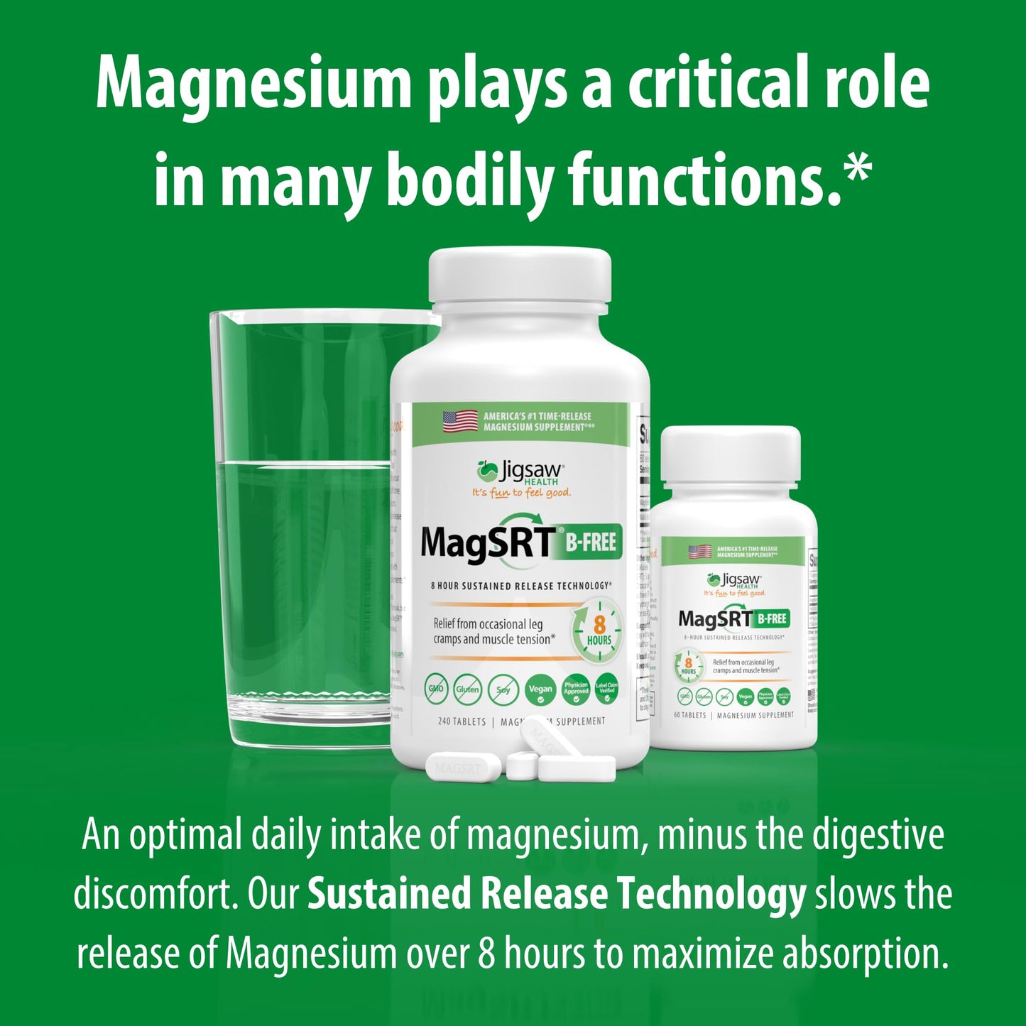 Jigsaw Health MagSRT (B-Free) Premium Slow Release Magnesium Supplement, Active Magnesium Malate Tablets, 240 Tablets