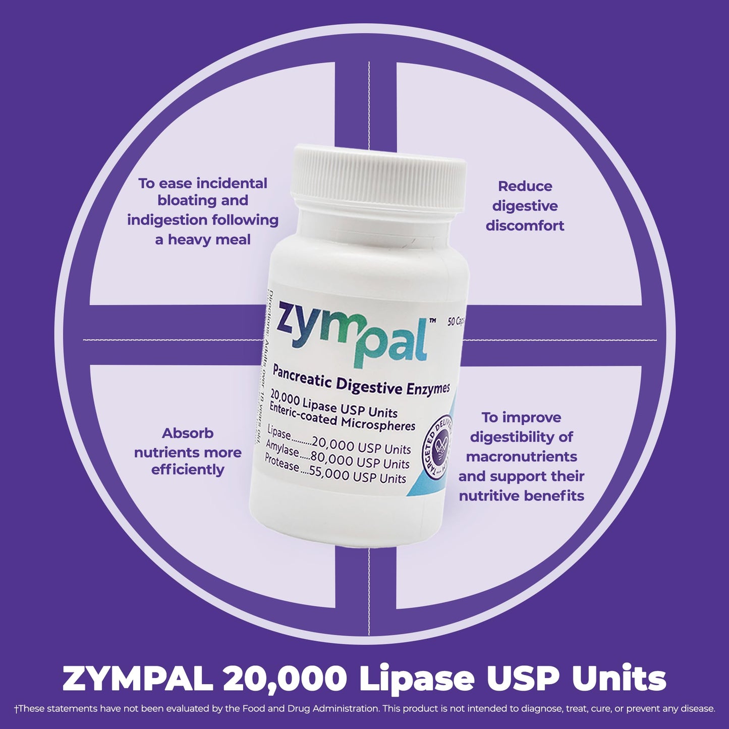 ZYMPAL Digestive Enzymes 20,000 Lipase USP Units - Digestive Health Support Capsules, 50 Capsules