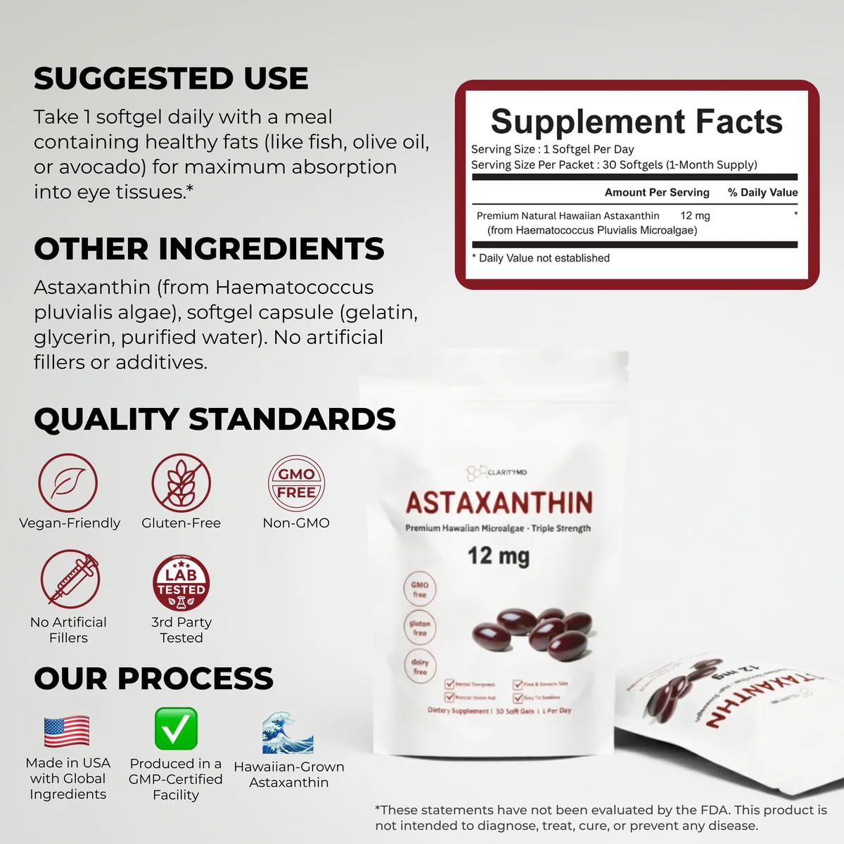 ClarityMD Astaxanthin 12mg Antioxidants Supplement – Natural Microalgae Source – Lipid-Based Softgel for Enhanced Absorption – Cognitive, Vision & Joint Support – 60 Softgels