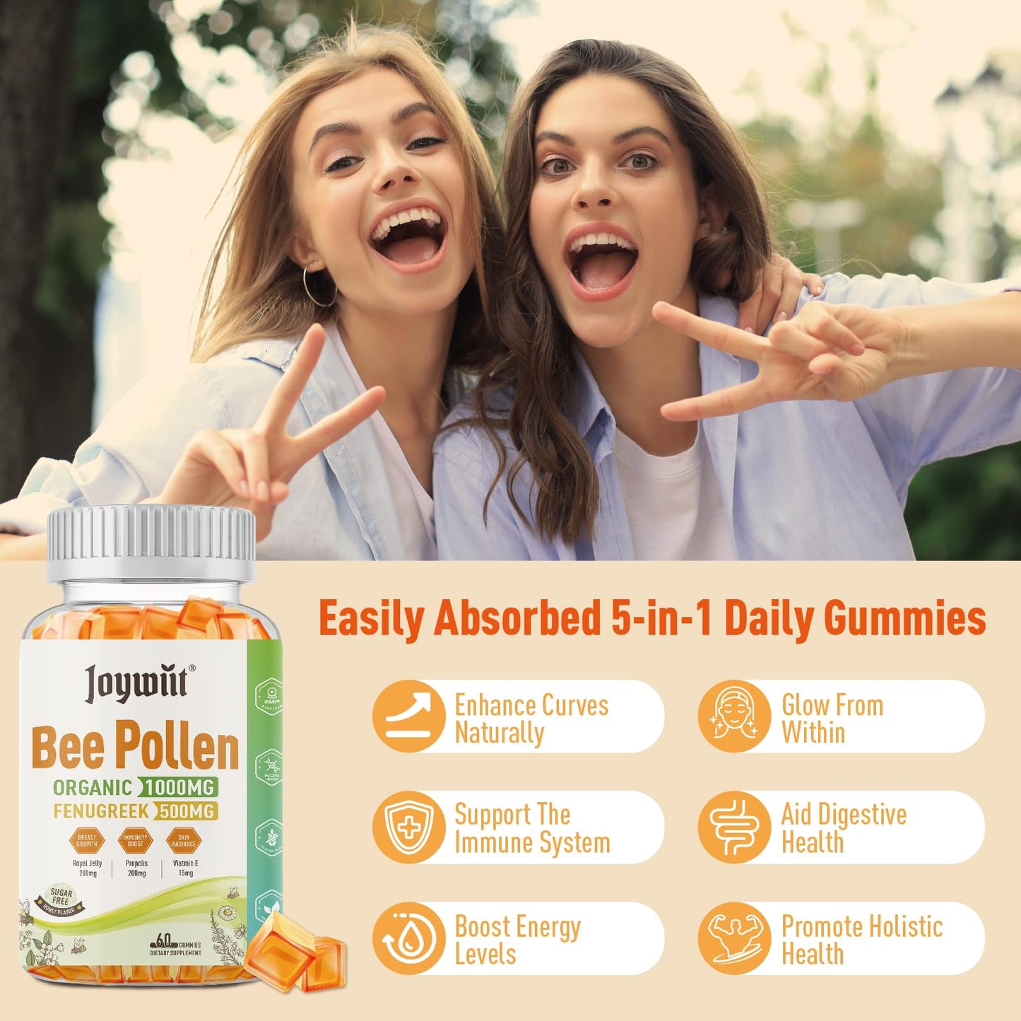 Joywiit Bee Pollen 1000mg Sugar Free Gummies for Women 120 Count