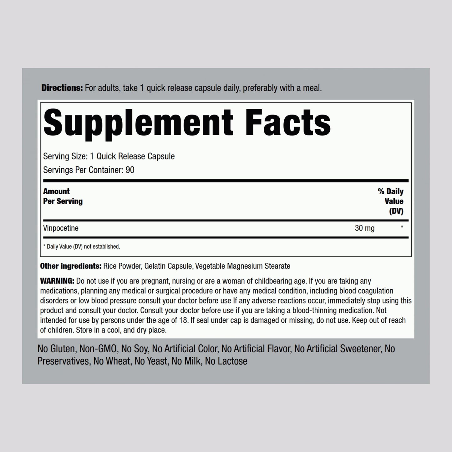 Piping Rock Vinpocetine 30mg Capsules, 90 Count
