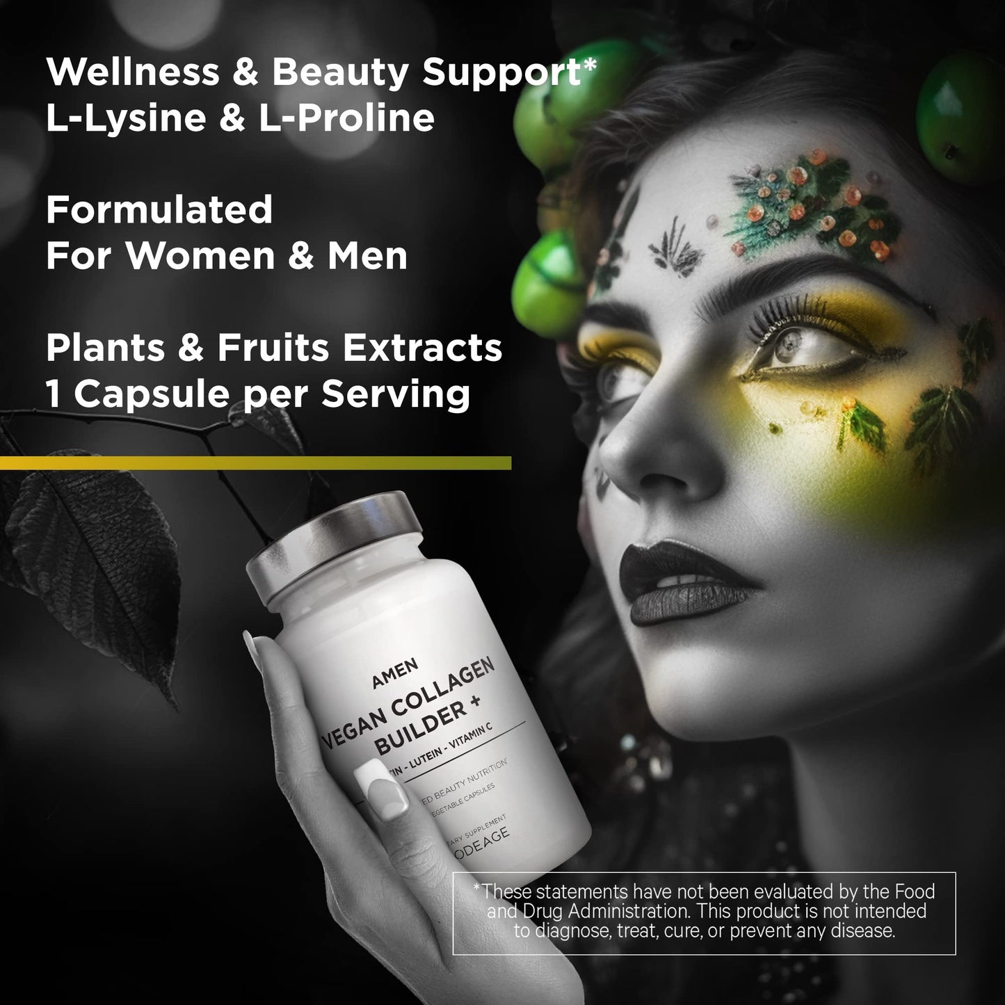 Amen Plant-Based Vegan Collagen Builder Supplement Capsules, 30 Capsules