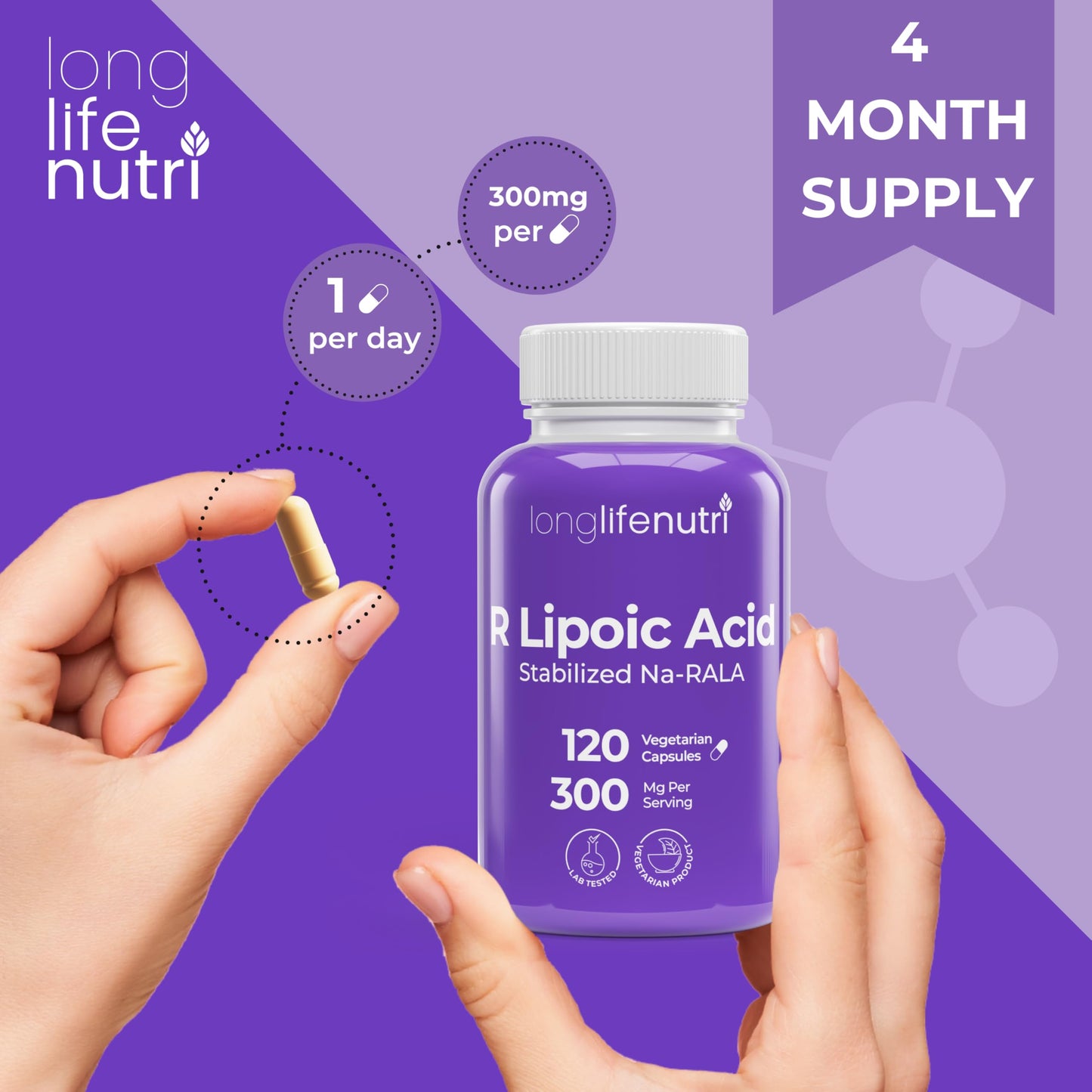 LongLifeNutri Stabilized R-Alpha Lipoic Acid 300mg High Potency Na-RALA Supplement for Cellular Energy & Metabolic Function, 120 Capsules