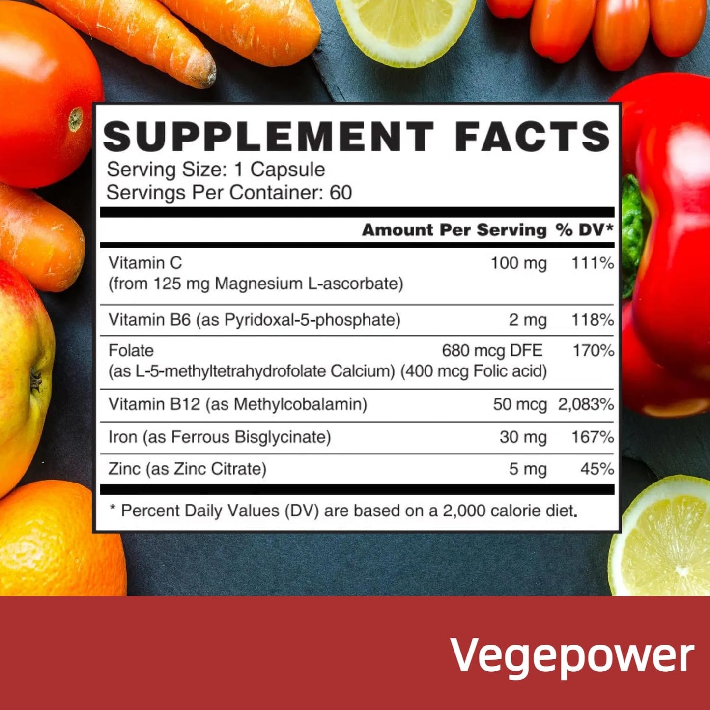 VEGEPOWER Iron Bisglycinate Capsules, 60 Capsules