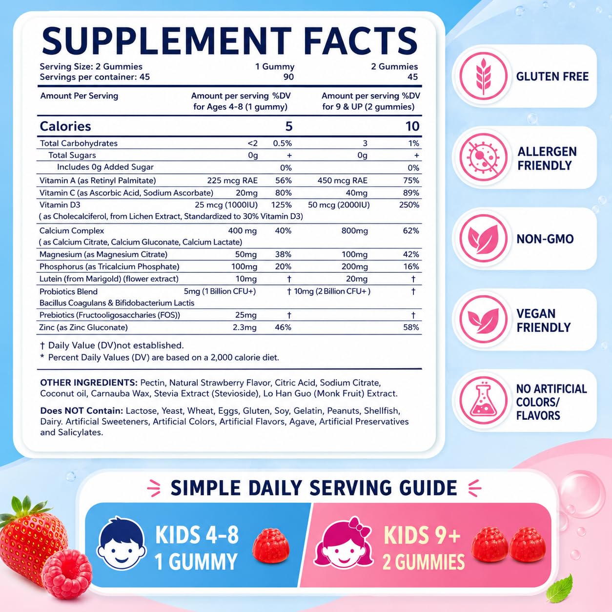 BIGBIO Kids Calcium Gummies with D3 & Magnesium, Probiotics & Prebiotics, Bone & Muscle Support, Vision & Immune Health, Sugar-Free, Strawberry Flavor, 90 Gummies