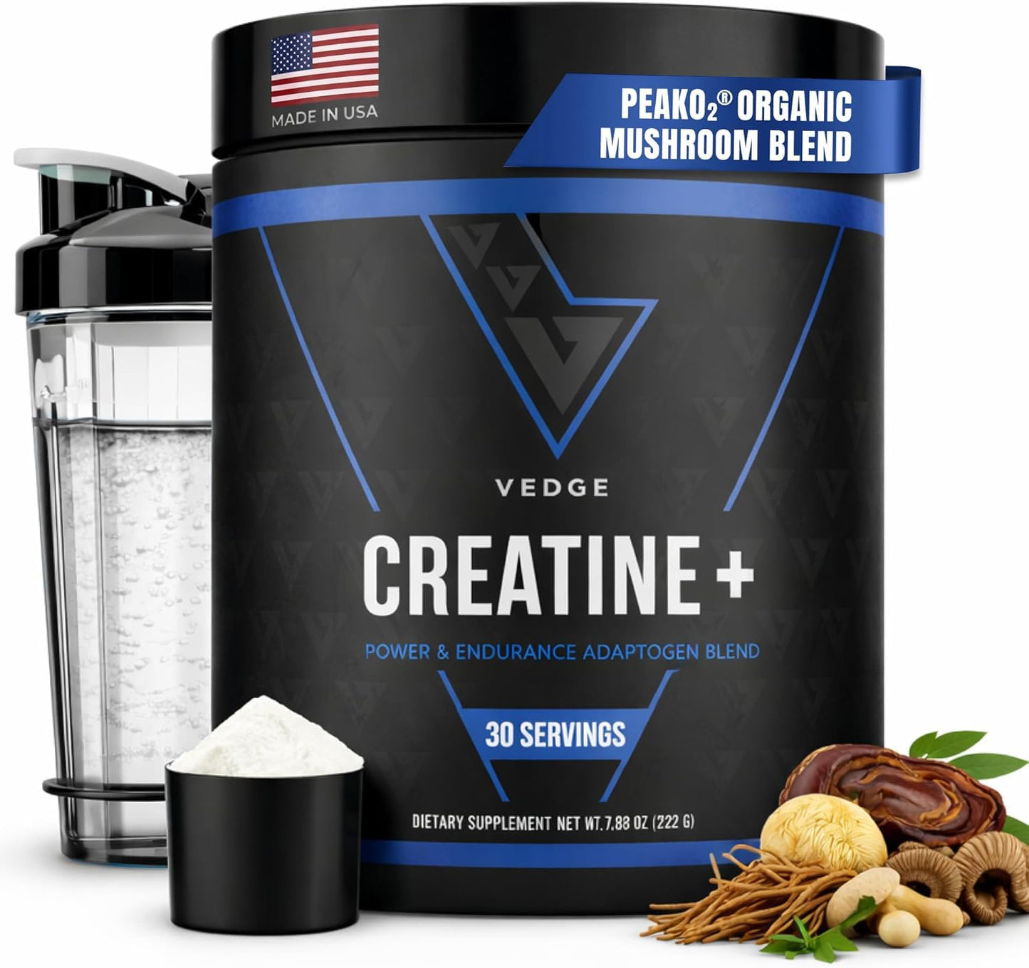 VEDGE Creatine Monohydrate, with PeakO2 Organic Mushroom Blend Powder 7.83 Ounce