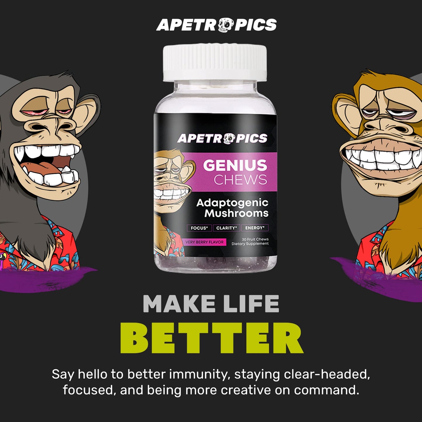 Apetropics Genius Chews Brain Gummies with Lion’s Mane, Cordyceps, Reishi & Turkey Tail Mushroom - Immune Support and Nootropic Brain Supplement - Very Berry Flavor, 30 Gummies