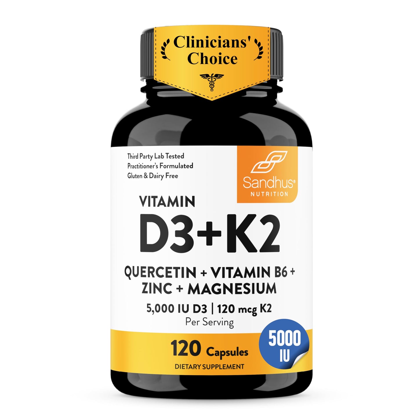 Sandhu's Vitamin D3 K2 Magnesium 5000 IU, 120 mcg K2 Capsules, 120 Count