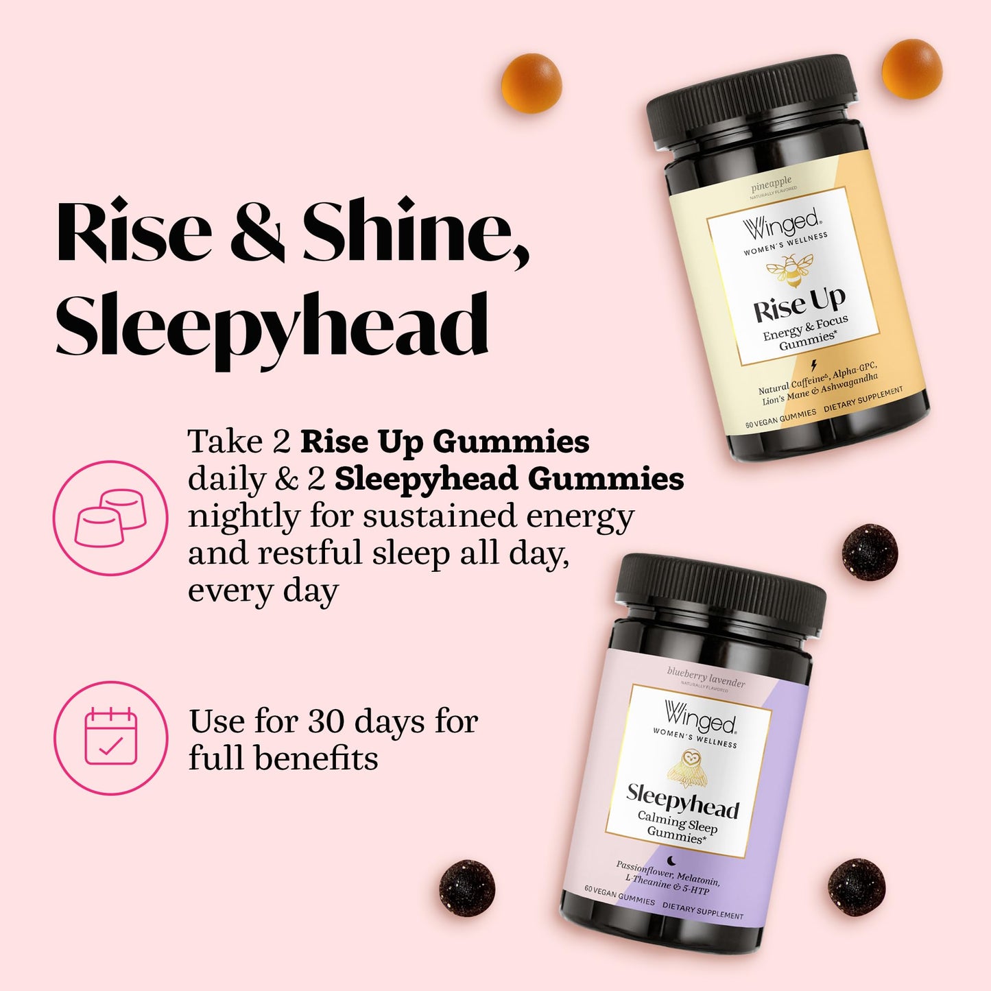 Winged Wellness Sleepyhead Natural Sleep Gummies for Women, with 3 mg Melatonin, L-Theanine & 5-HTP, Blueberry Lavender Flavor, 60 Count