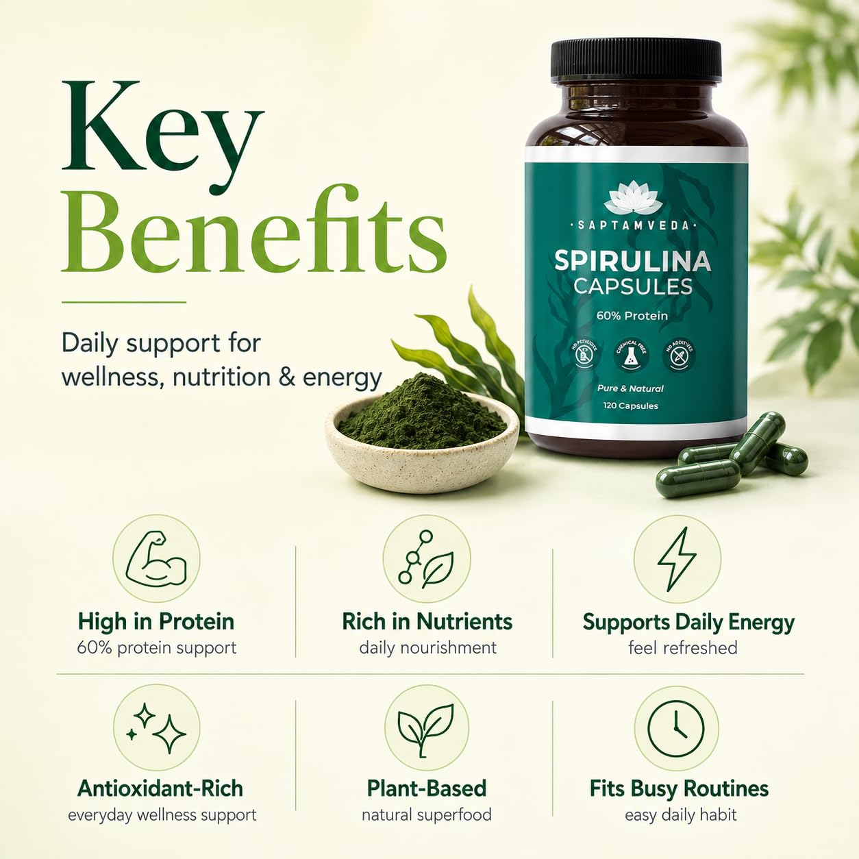 SAPTAMVEDA Saptamved Natural Spirulina 2000mg, 120 Capsules