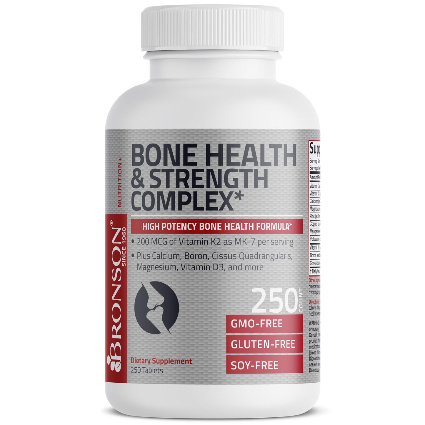 Bronson Bone Health & Strength Complex High Potency Formula 200 mcg Vitamin K2 as MK7, Plus Calcium, Boron, Cissus Quadrangularis, Magnesium, Vitamin D3, and More - Non-GMO, 250 Tablets