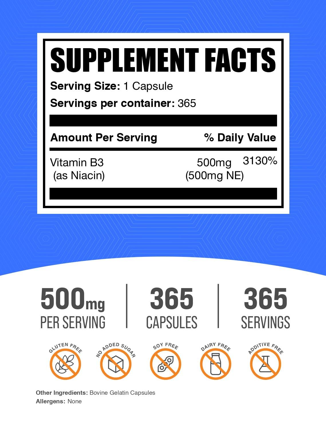BulkSupplements Niacin Capsules 365 Capsules