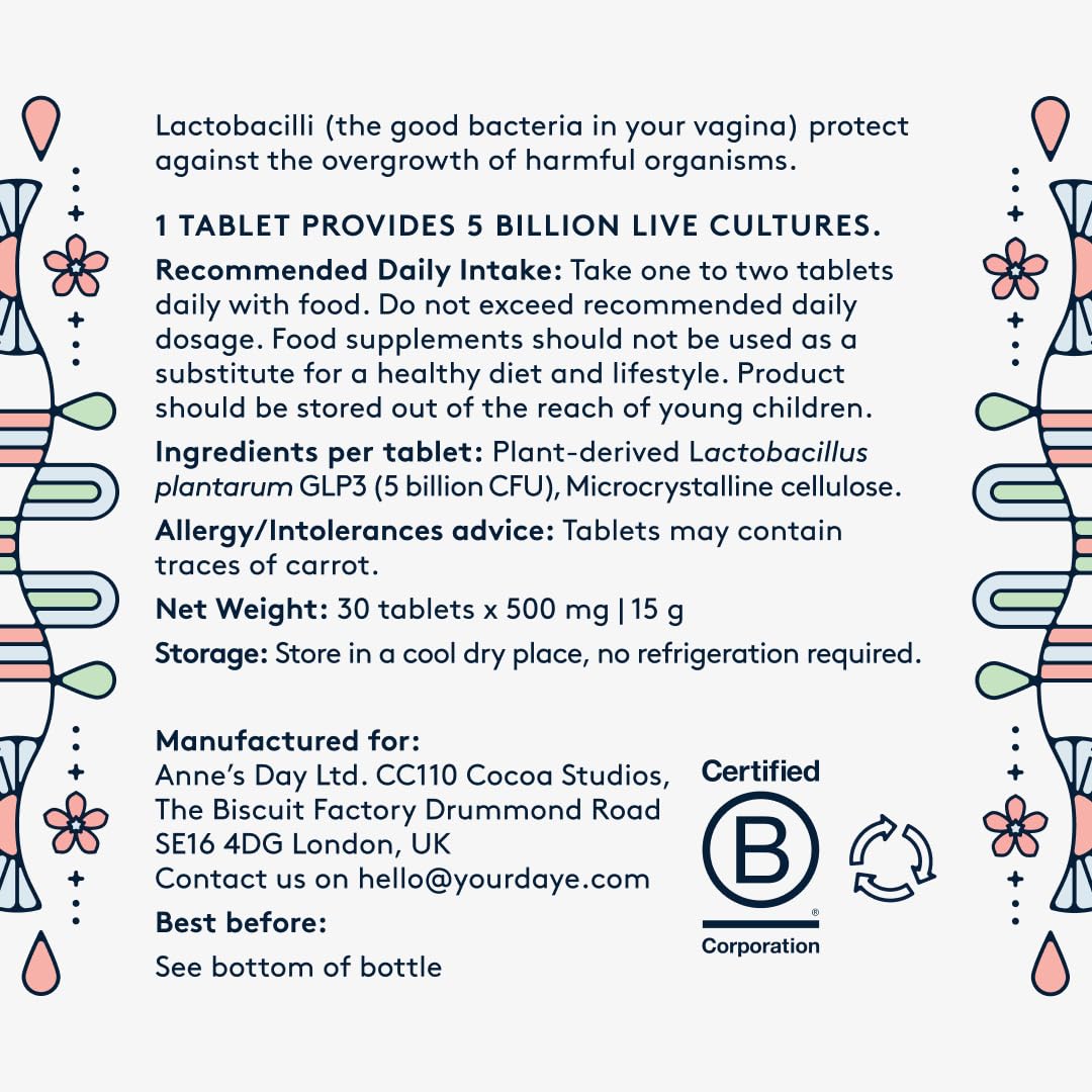 DAYE ProViotics: Lactobacillus plantarum GLP3 for Women's Vaginal & Gut Microbiome, 30 Tablets