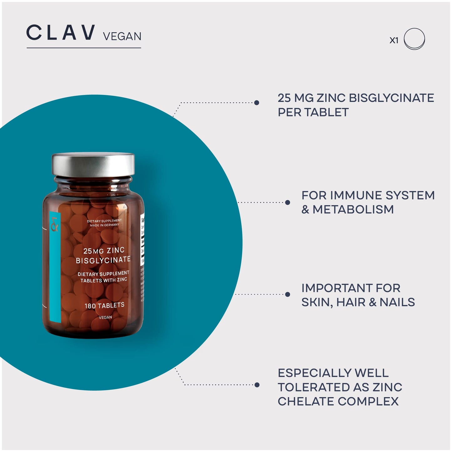 CLAV Zinc Bisglycinate 25mg tablets 180 Tablets