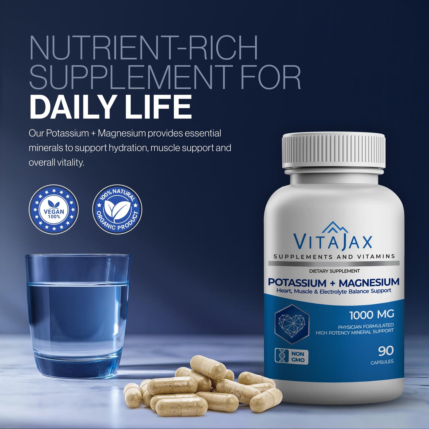 VITAJAX Potassium Magnesium Supplement 1000mg Capsules, 180 Count