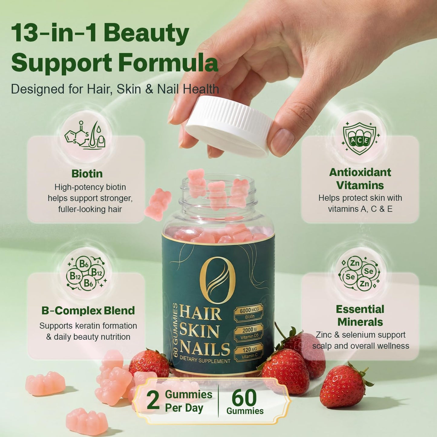 Ormelique Hair Skin and Nails Gummies with Biotin 6000mcg, 60 Count